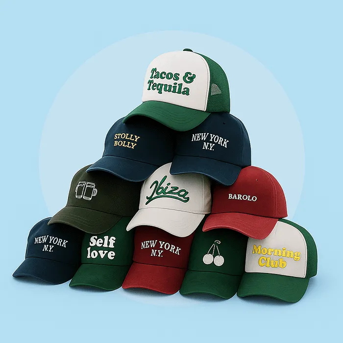 Piramida kolorowych czapek z różnymi napisami i wzorami, ustawiona na jasnoniebieskim tle.